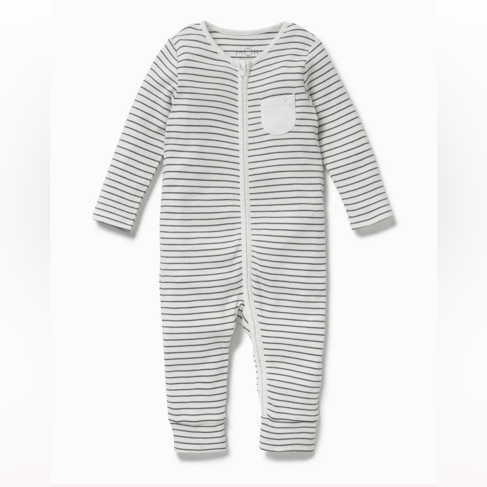 Baby Mori Clever Zip Romper Grey Stripe Baby Onesie with Pocket